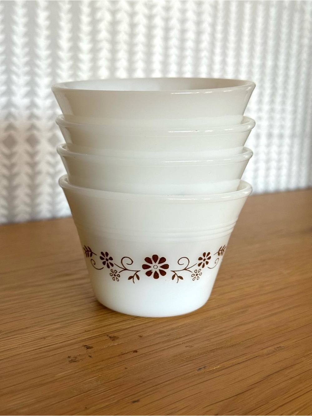 Vintage Milk Glass Dynaware Pyr-O-Rey "Brown Daisy" Custard Cups - Set of 4